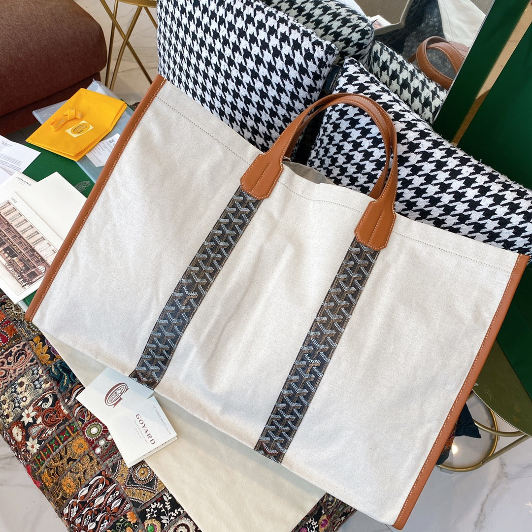 Gogy Large Chevron Pattern Tote Bag with Leather Handles and Canvas Trim