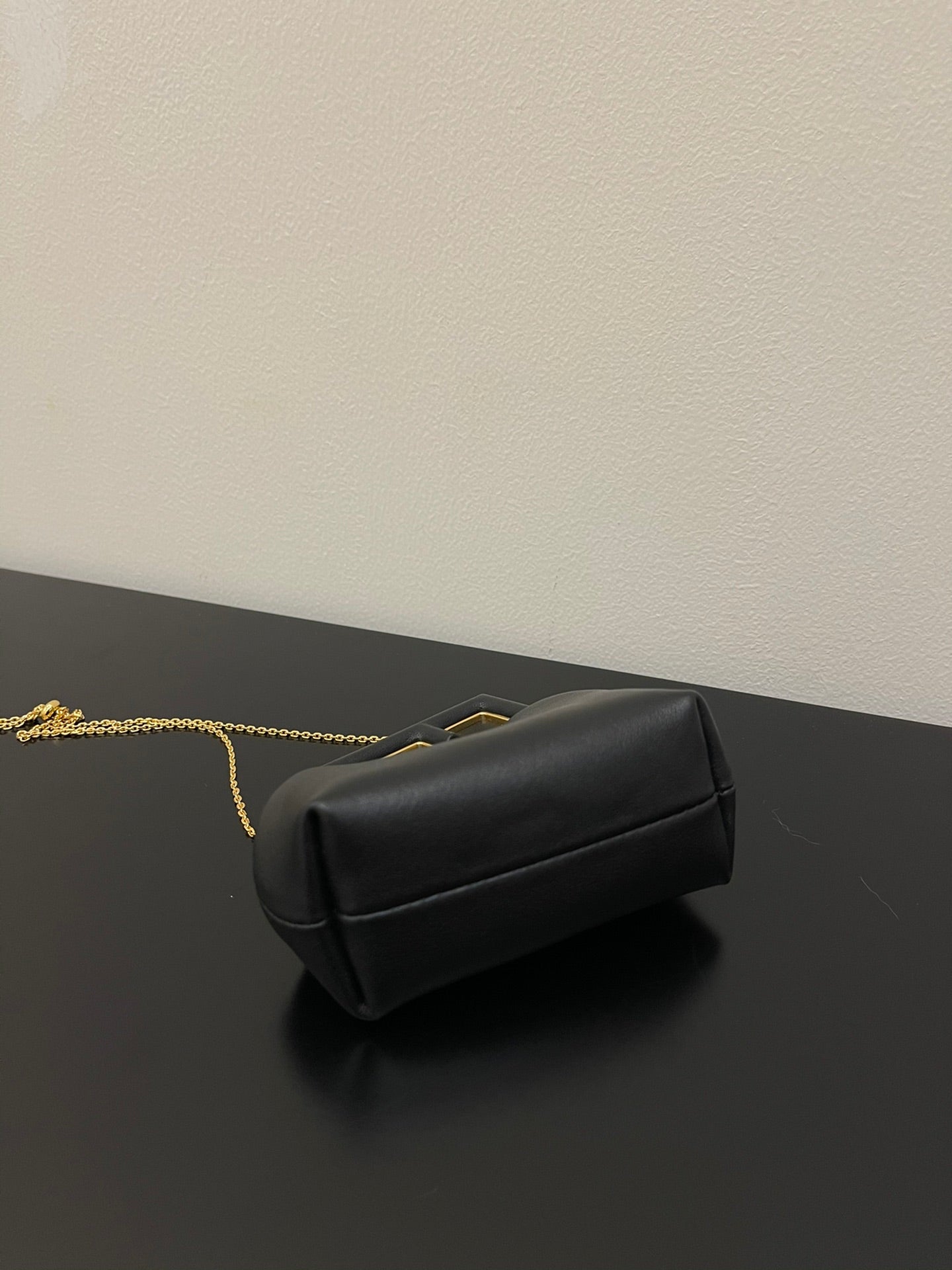 Fendi First Nano Black Nappa Leather Bag with Gold Chain Strap