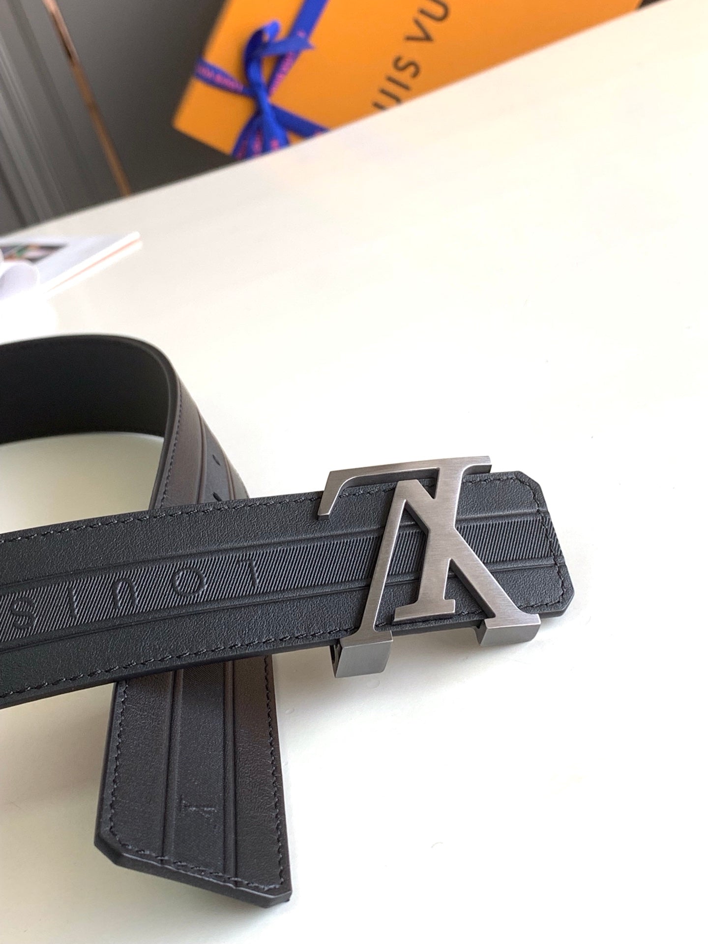 Louis Vuitton Men's LV Initiales Black Leather Belt with Silver-Tone Buckle, Luxury Designer Fashion Accessory