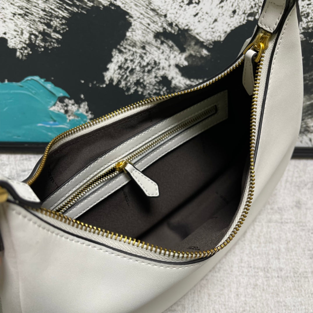 Elegant White Leather Crescent Hobo Shoulder Bag for Women