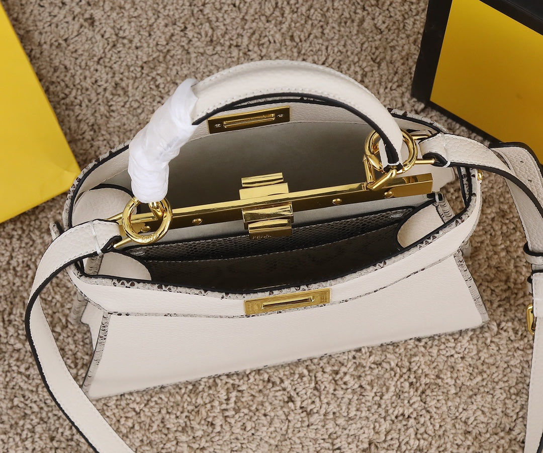 Fendi Peekaboo Small White Leather Handbag with Gold-Tone Hardware