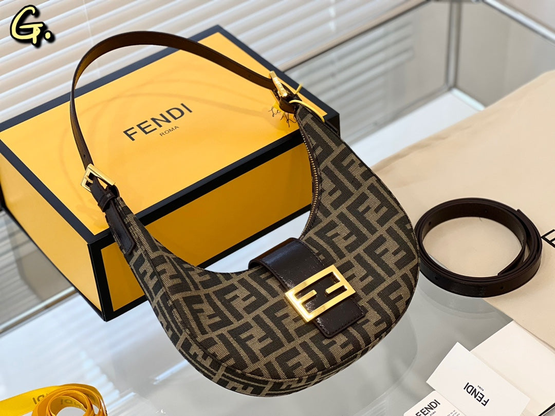 Fendi FF Monogram Canvas Crescent Shoulder Bag with Gold Buckle - Brown