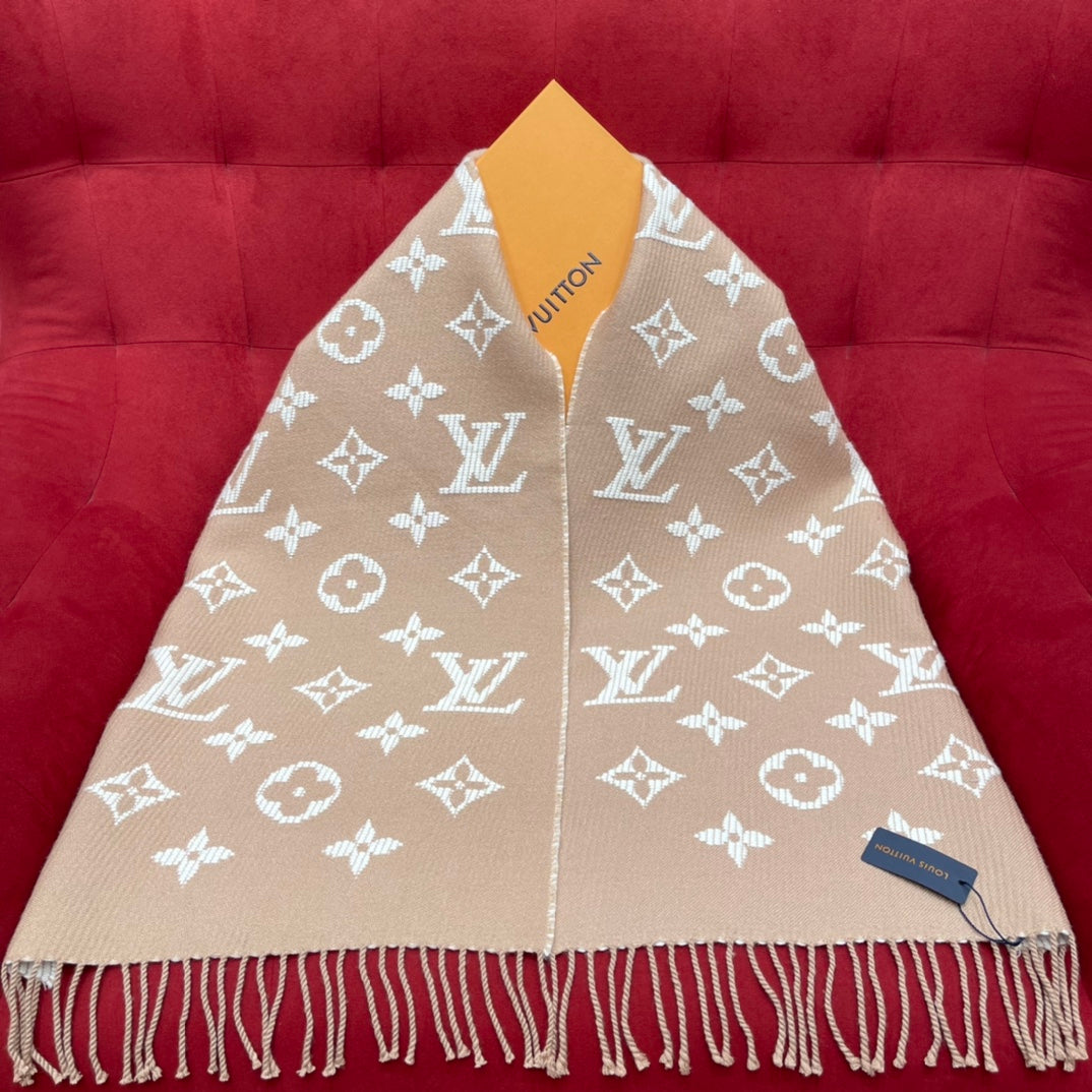 Louis Vuitton Monogram Scarf - Beige and White Luxury Winter Shawl with Fringes