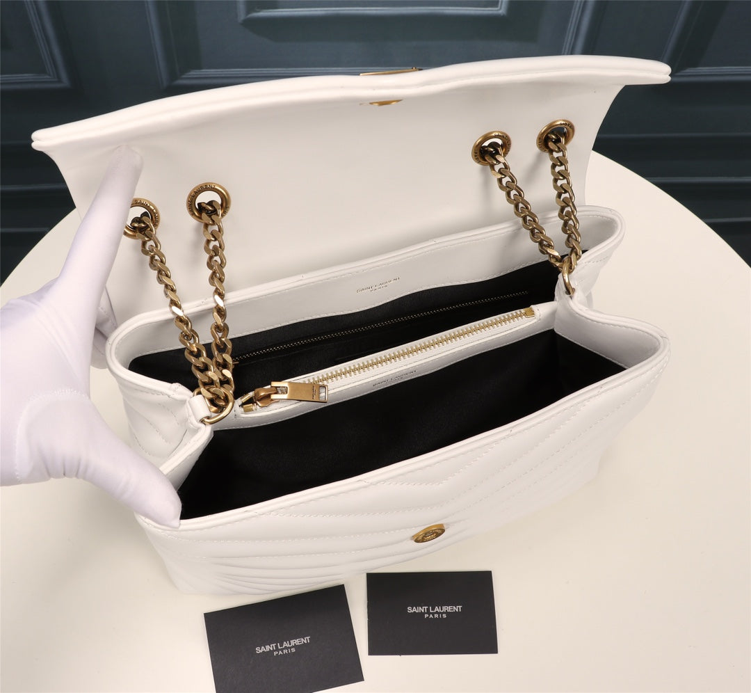 Saint Laurent Loulou Small Matelassé Leather Shoulder Bag - White/Gold
