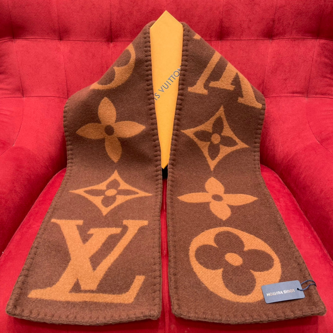 Louis Vuitton Logomania Monogram Scarf - Brown and Tan Designer Wool Blend Winter Scarf