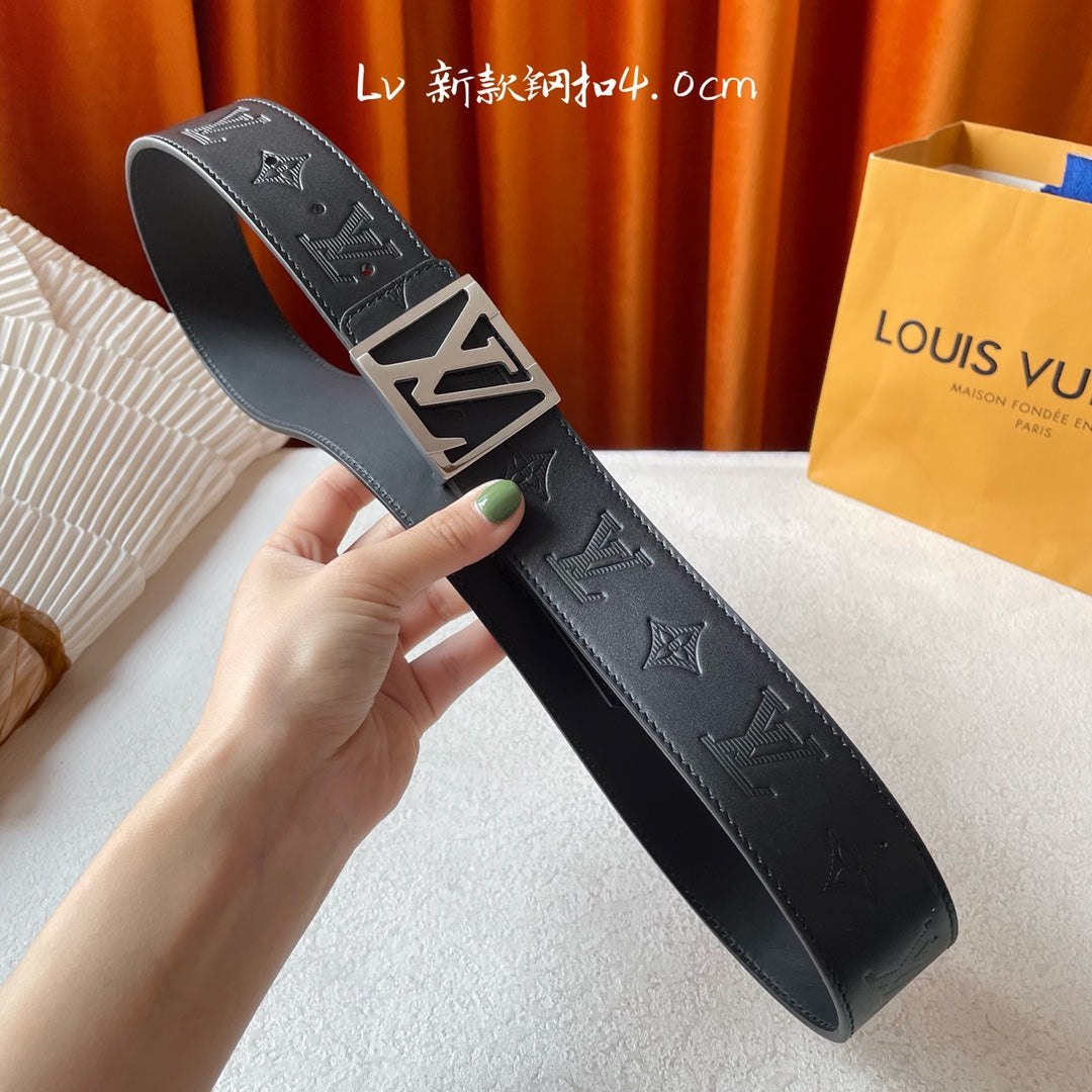 Louis Vuitton Monogram Eclipse 40mm Belt - Black Leather with Silver LV Initial Buckle