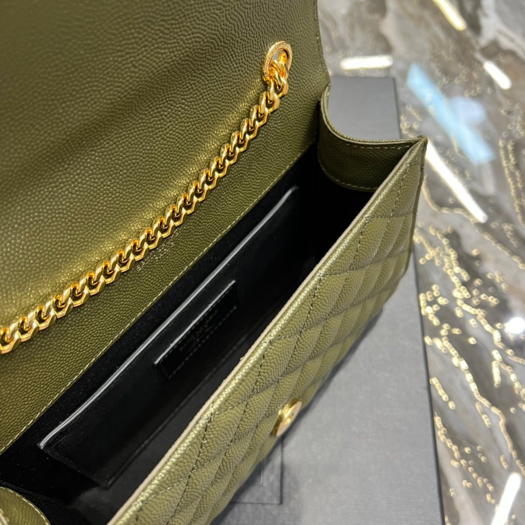 Saint Laurent Cassandre Matelassé Chain Wallet in Olive Green Quilted Leather