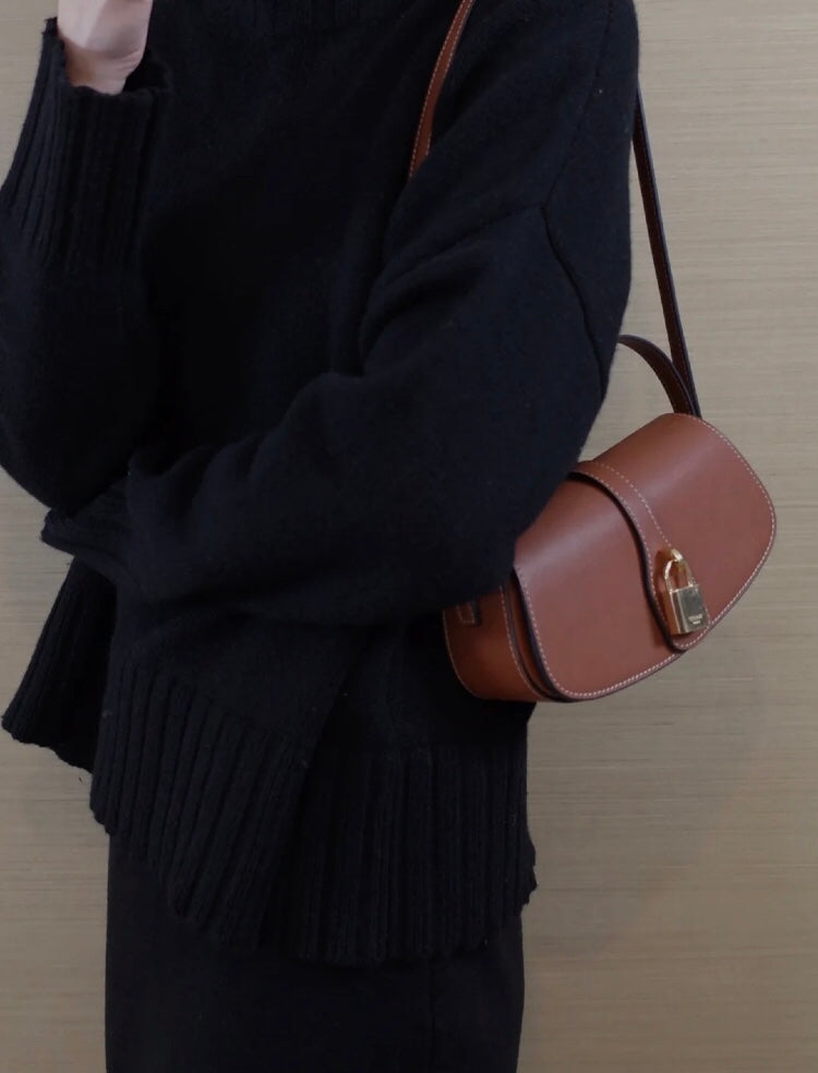 Celine Brown Leather Handbag with Gold-Tone Padlock Closure