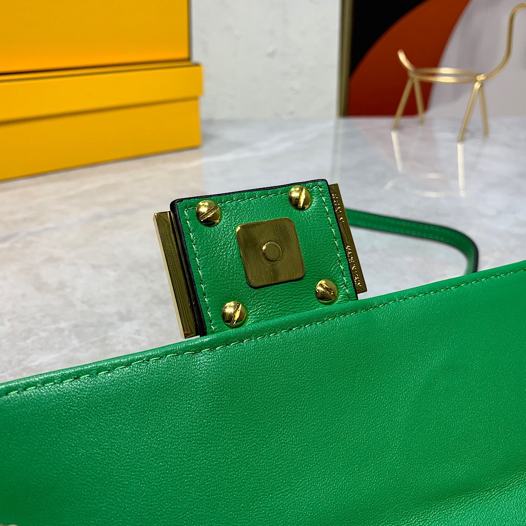 Fendi FF Embossed Green Leather Small Shoulder Bag with Gold Chain