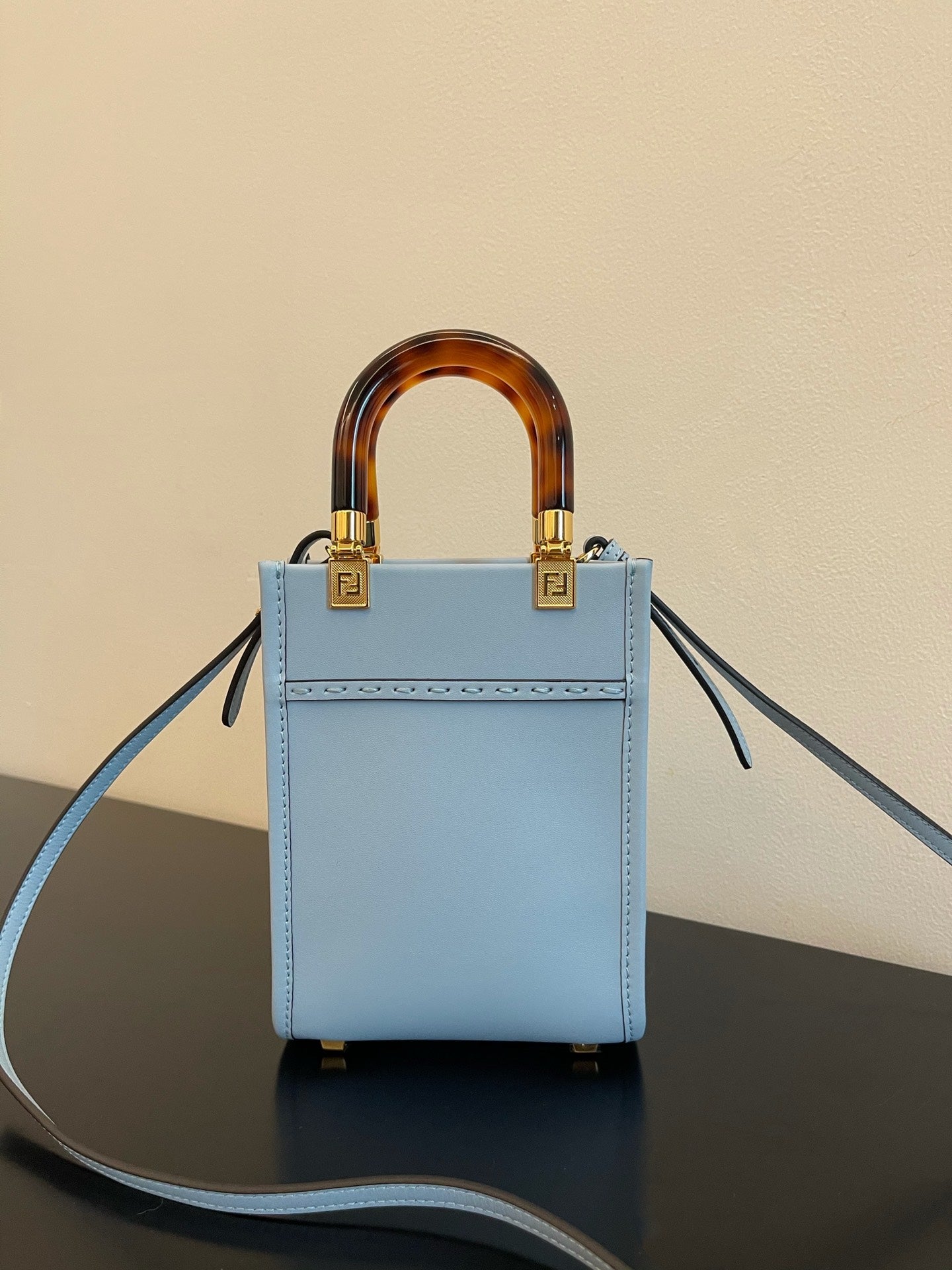 Fendi Mini Sunshine Shopper Bag in Light Blue Leather with Tortoiseshell Handles