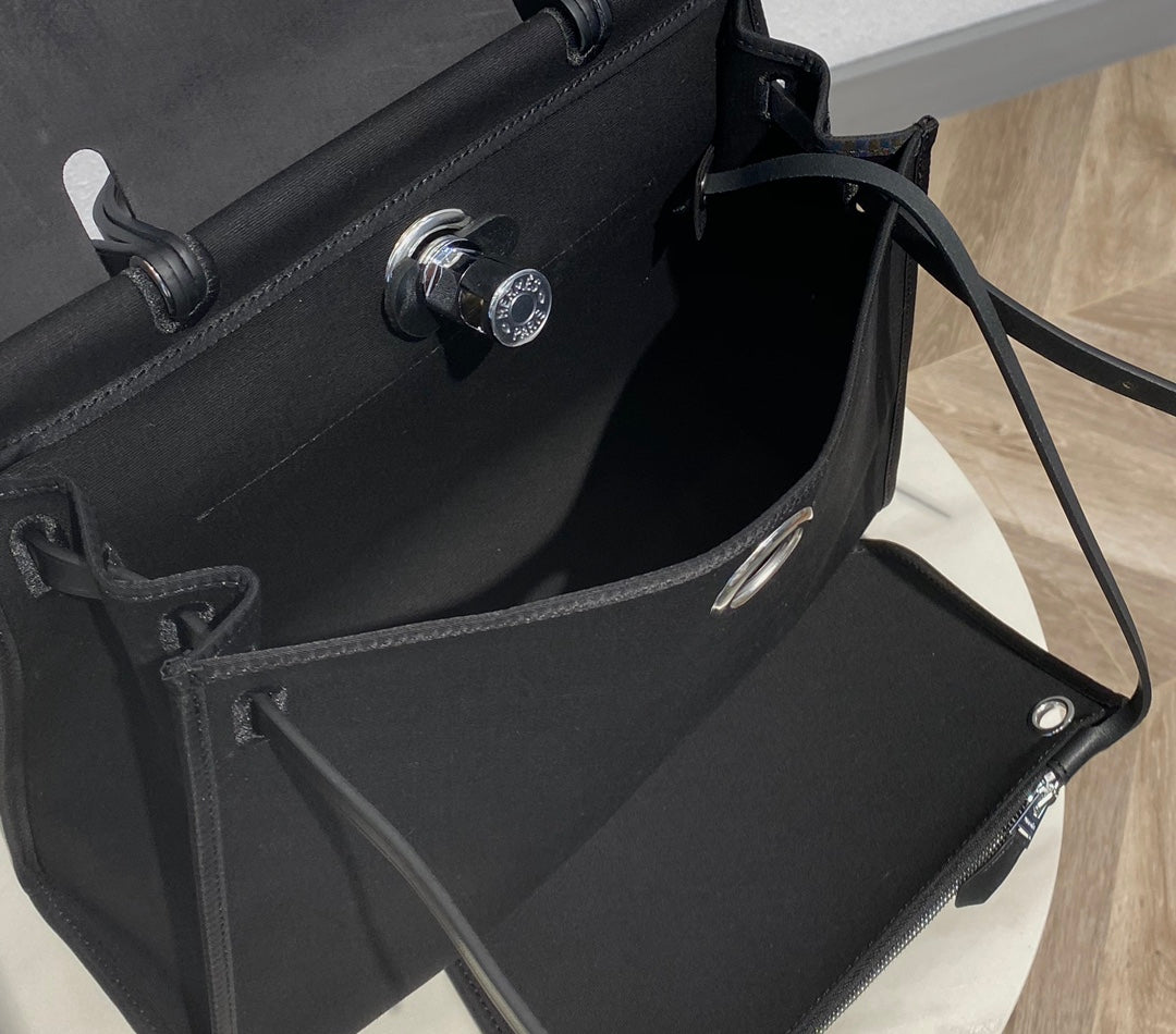 Elegant Black Canvas and Leather Top Handle Shoulder Bag - Classic Minimalist Satchel
