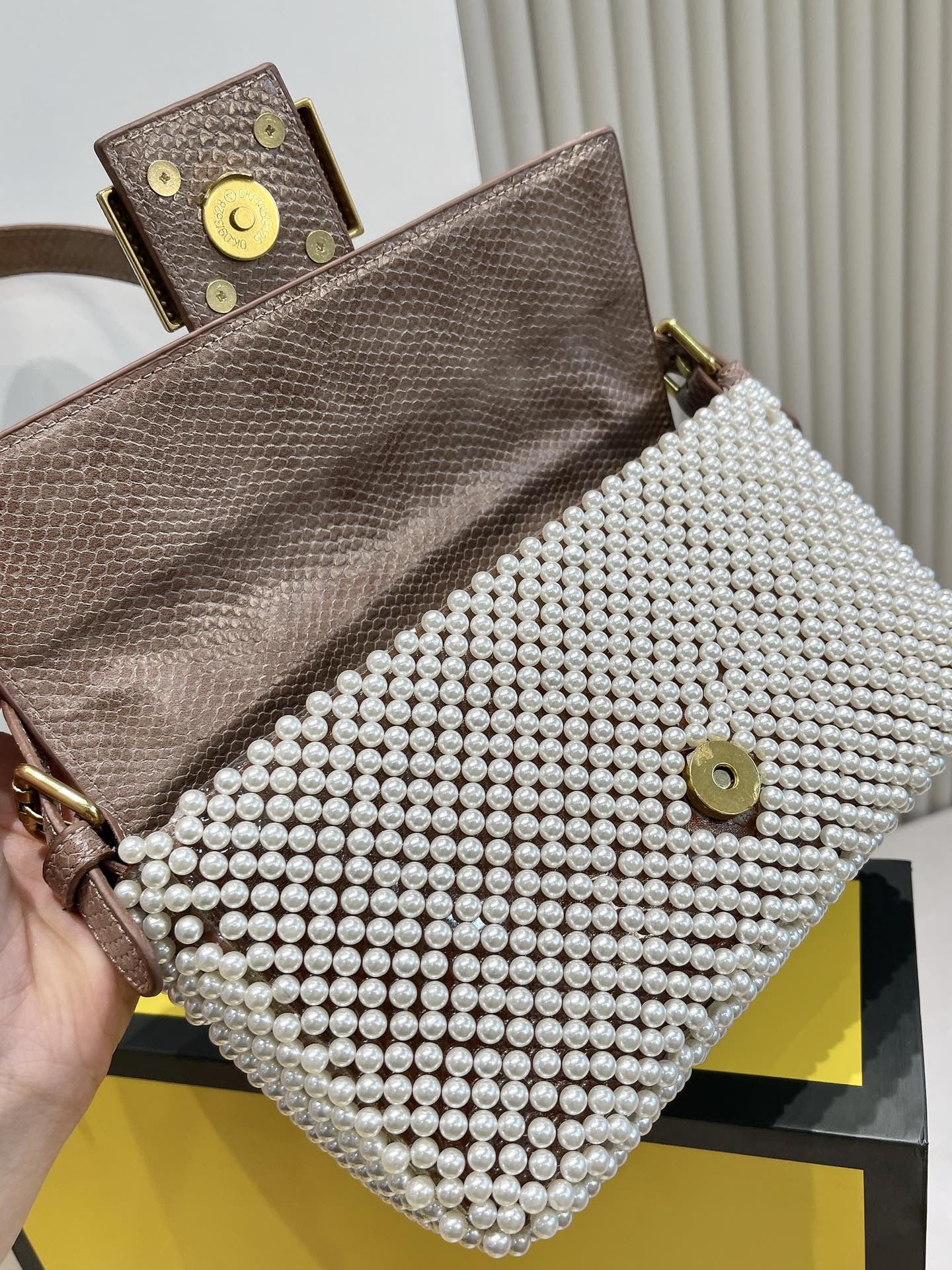 Luxury Patterned Beaded Baguette Shoulder Bag - Brown and Neutral Tones with Gold-Tone Buckle