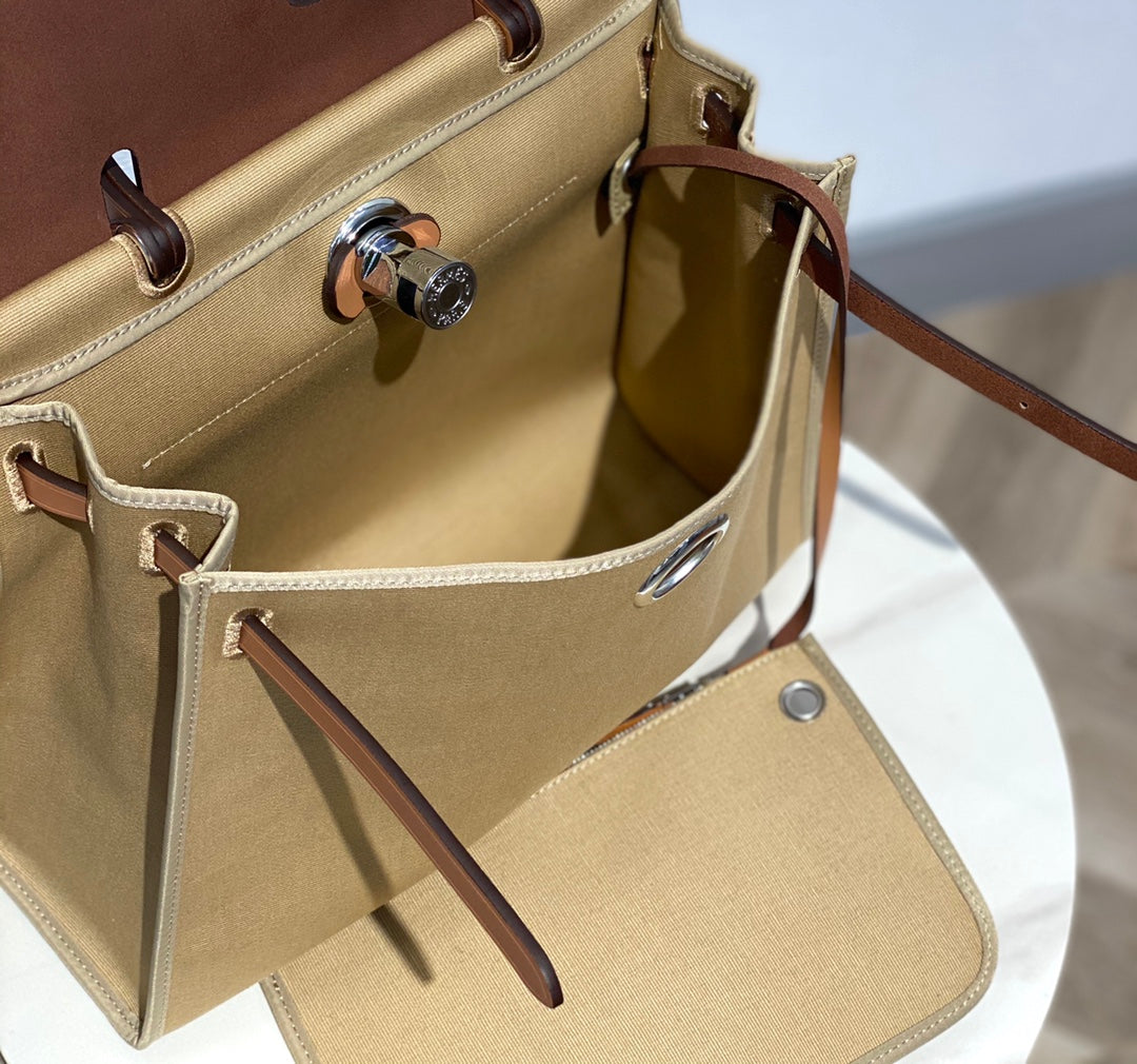 Classic Tan Canvas and Leather Top Handle Handbag - Elegant Shoulder Bag for Women