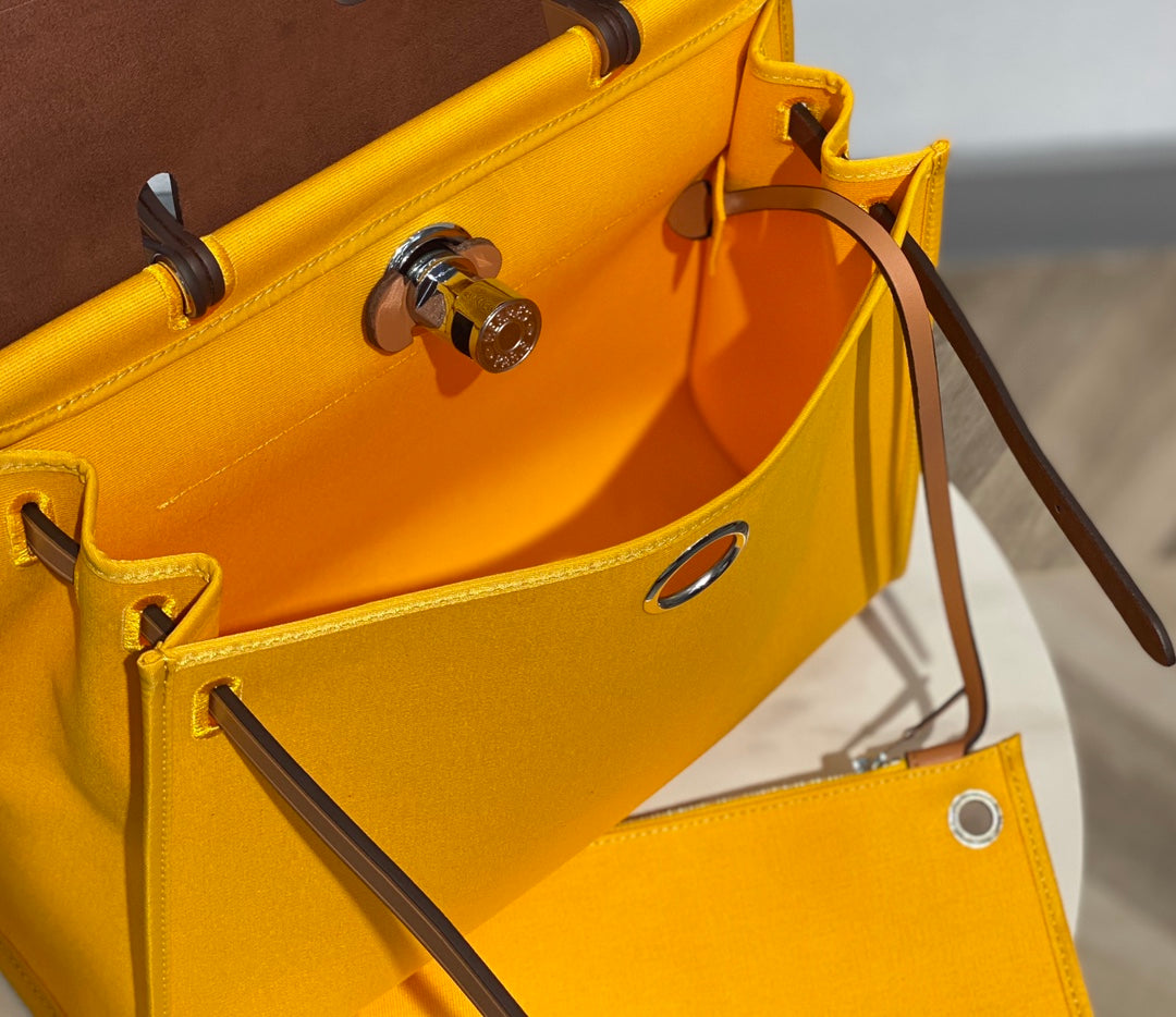 Luxury Two-Tone Yellow Canvas and Tan Leather Top Handle Shoulder Bag