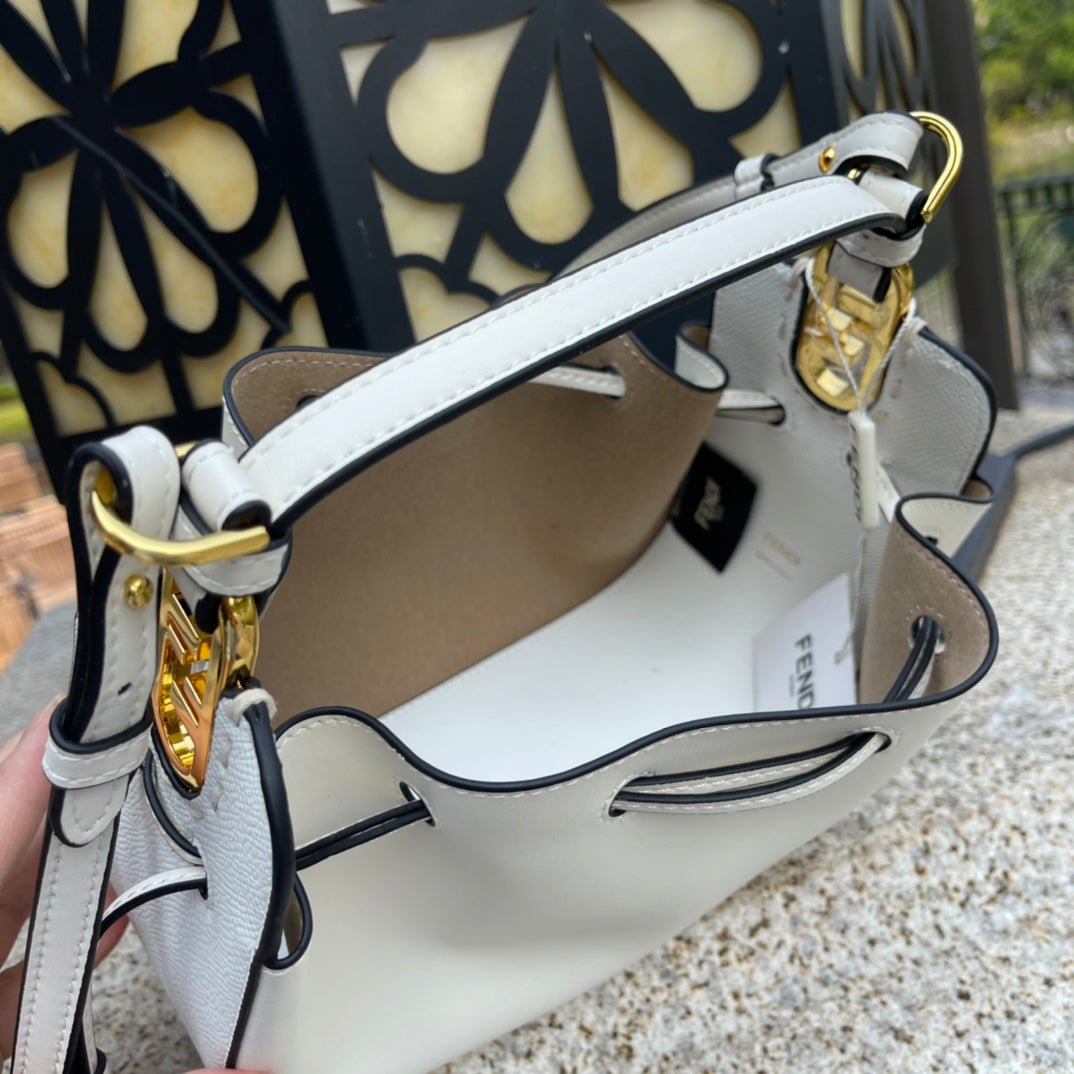 Fendi White Leather Mon Tresor Bucket Bag - Small Crossbody Handbag with Gold Hardware