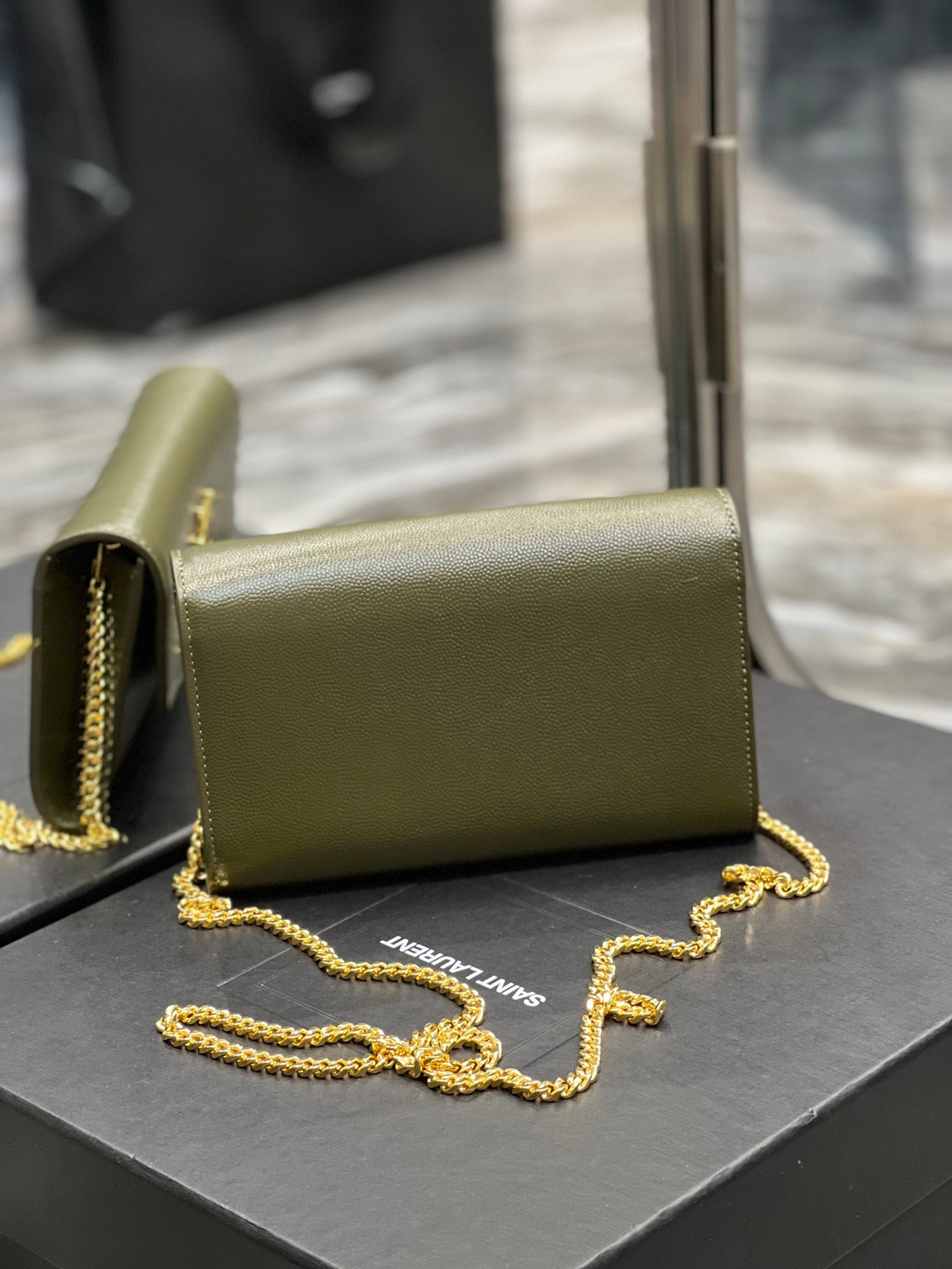 Saint Laurent Cassandre Envelope Chain Wallet in Olive Green Leather with Cardholder