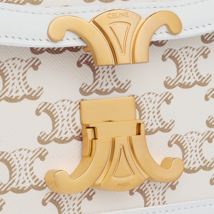 Celine Teen Triomphe Bag in Textile with Triomphe Embroidery and Calfskin - White