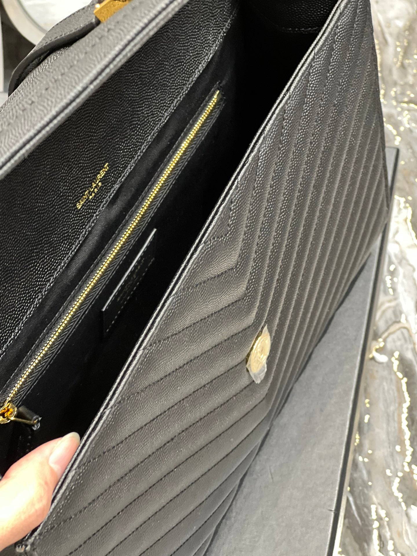 Saint Laurent Monogram Medium Envelope Bag in Black Quilted Leather with Gold Hardware