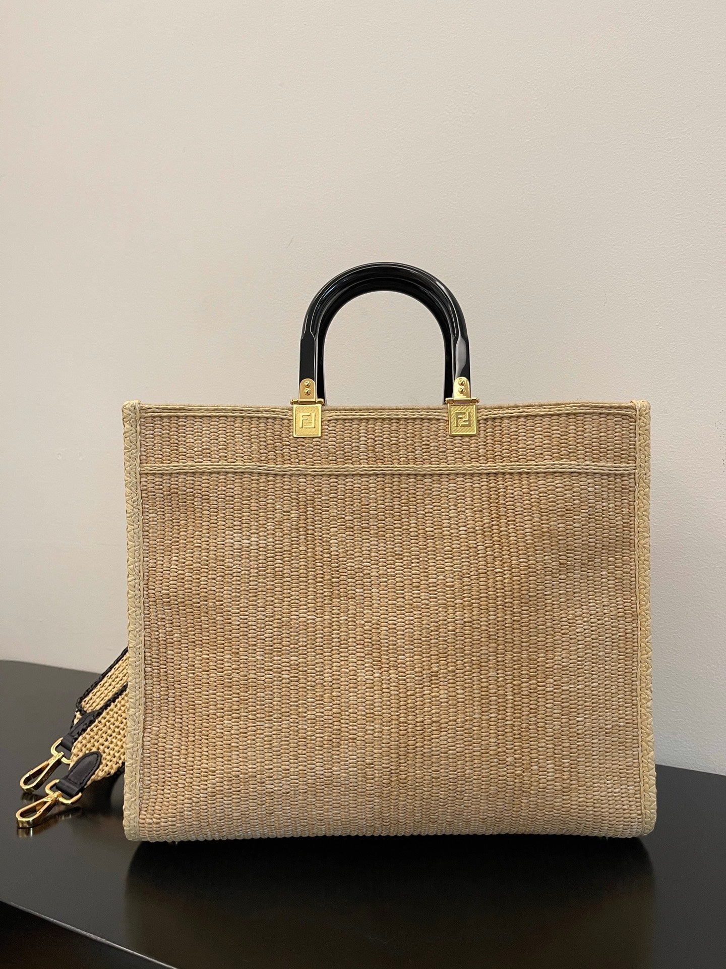Fendi Sunshine Shopper Medium Straw Tote Bag with Logo Embroidery