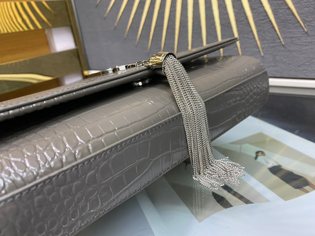 Saint Laurent Kate Medium Tassel Shoulder Bag in Grey Croc-Embossed Leather