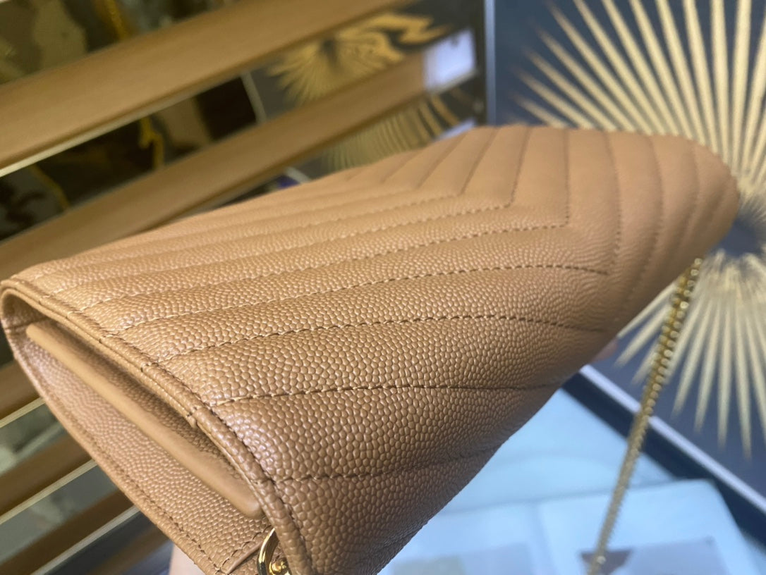 Saint Laurent Monogram Matelassé Leather Wallet-on-Chain - Beige