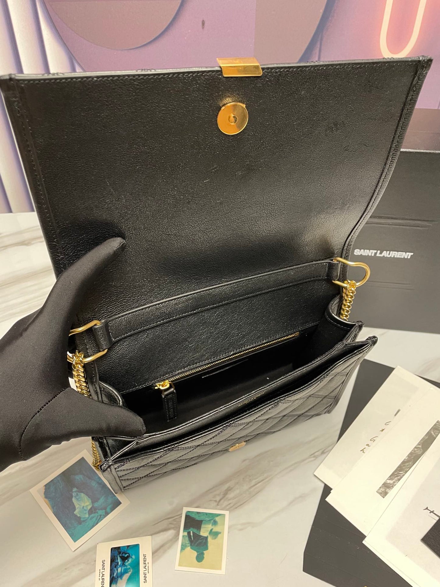 Saint Laurent Black Quilted Leather Monogram Shoulder Bag with Gold Hardware