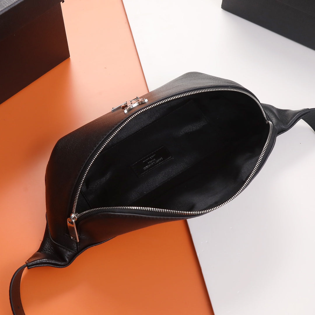 Saint Laurent YSL Cassandre Leather Belt Bag - Black with Silver Hardware