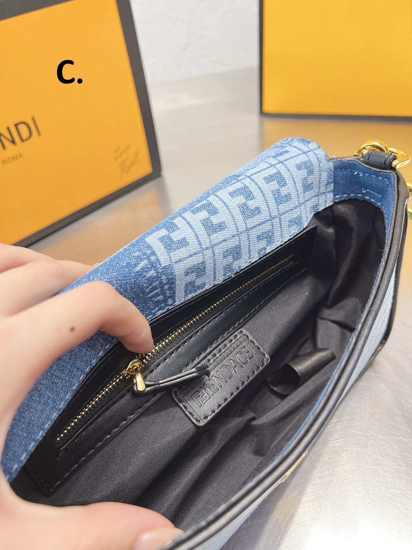 Fendace Denim Medusa Shoulder Bag - Blue Monogram Crossbody with Gold Hardware