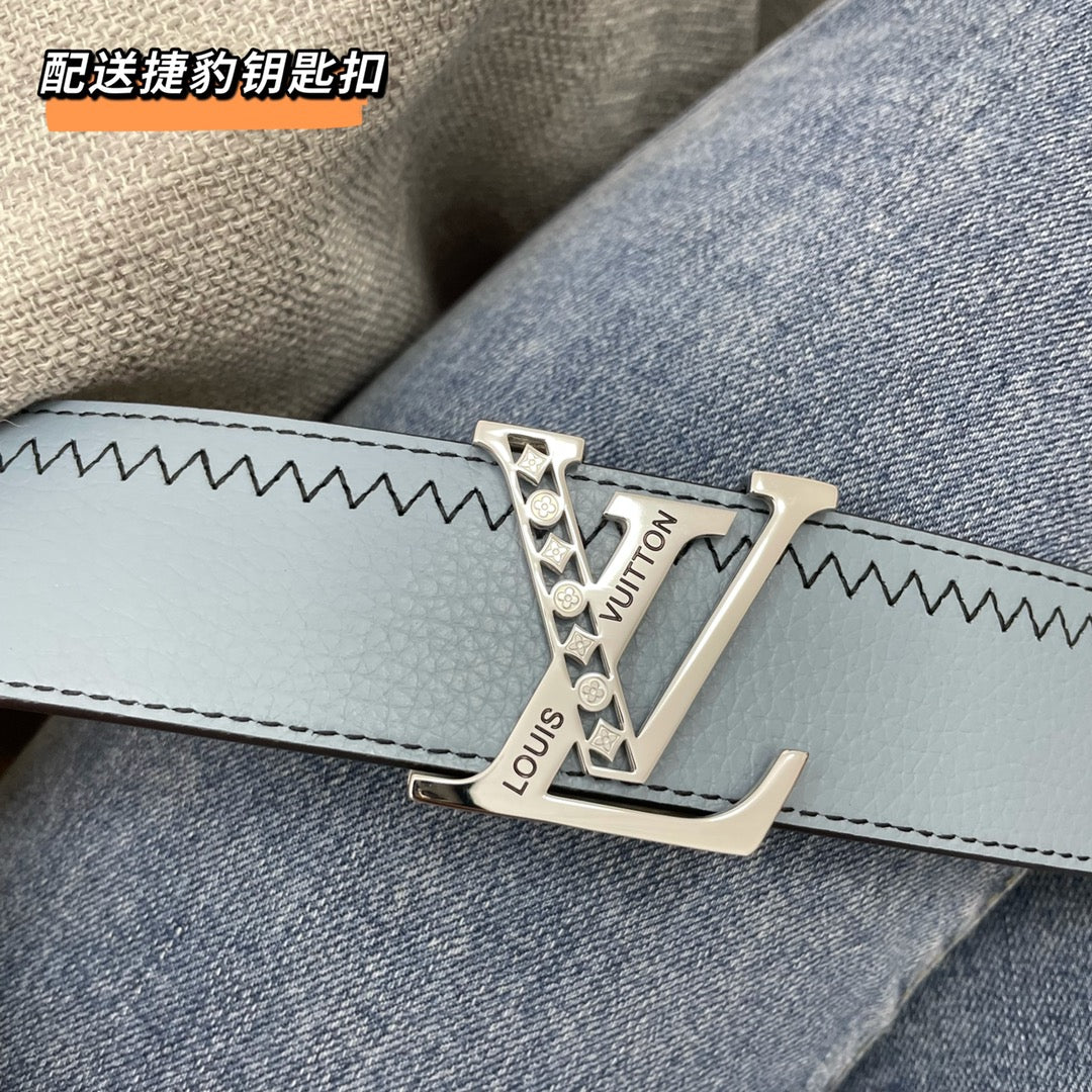 Louis Vuitton Leather Strap Keychain Bag Charm with LV Logo Buckle - Grey and Blue Pebbled Leather Accessories