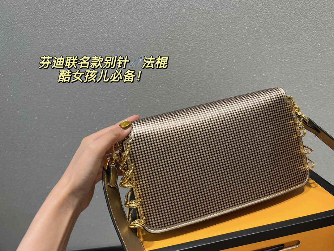 Fendi Metallic Silver Baguette Bag with Gold Chain and Safety Pin Detail