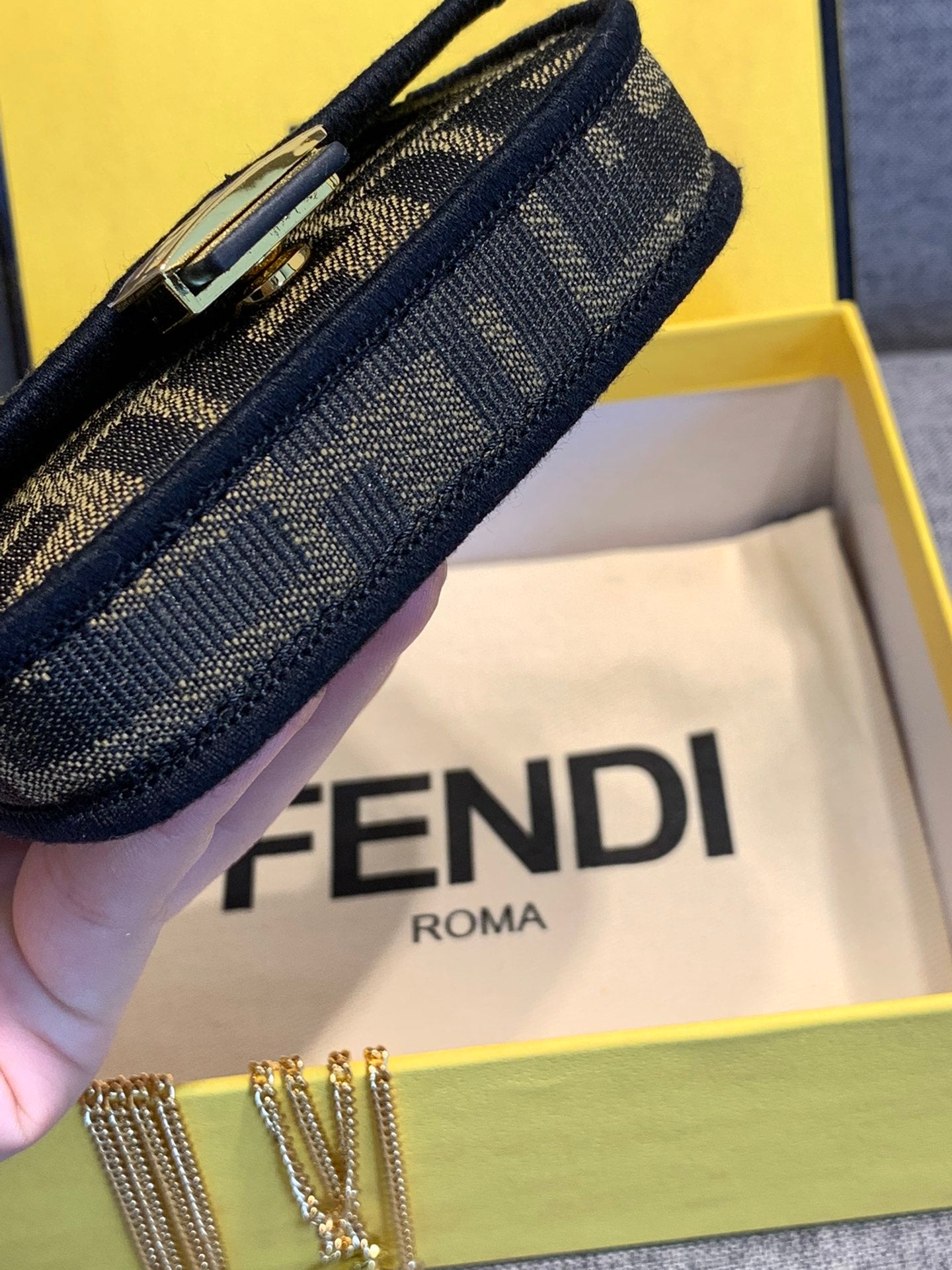 Fendi FF Monogram Mini Baguette Bag with Gold Chain Strap