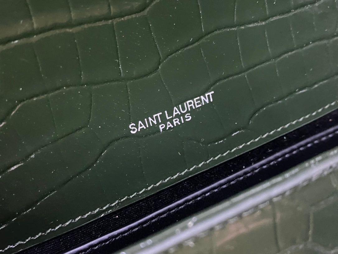Saint Laurent Kate Small Monogram Crocodile-Embossed Shoulder Bag with Tassel - Black