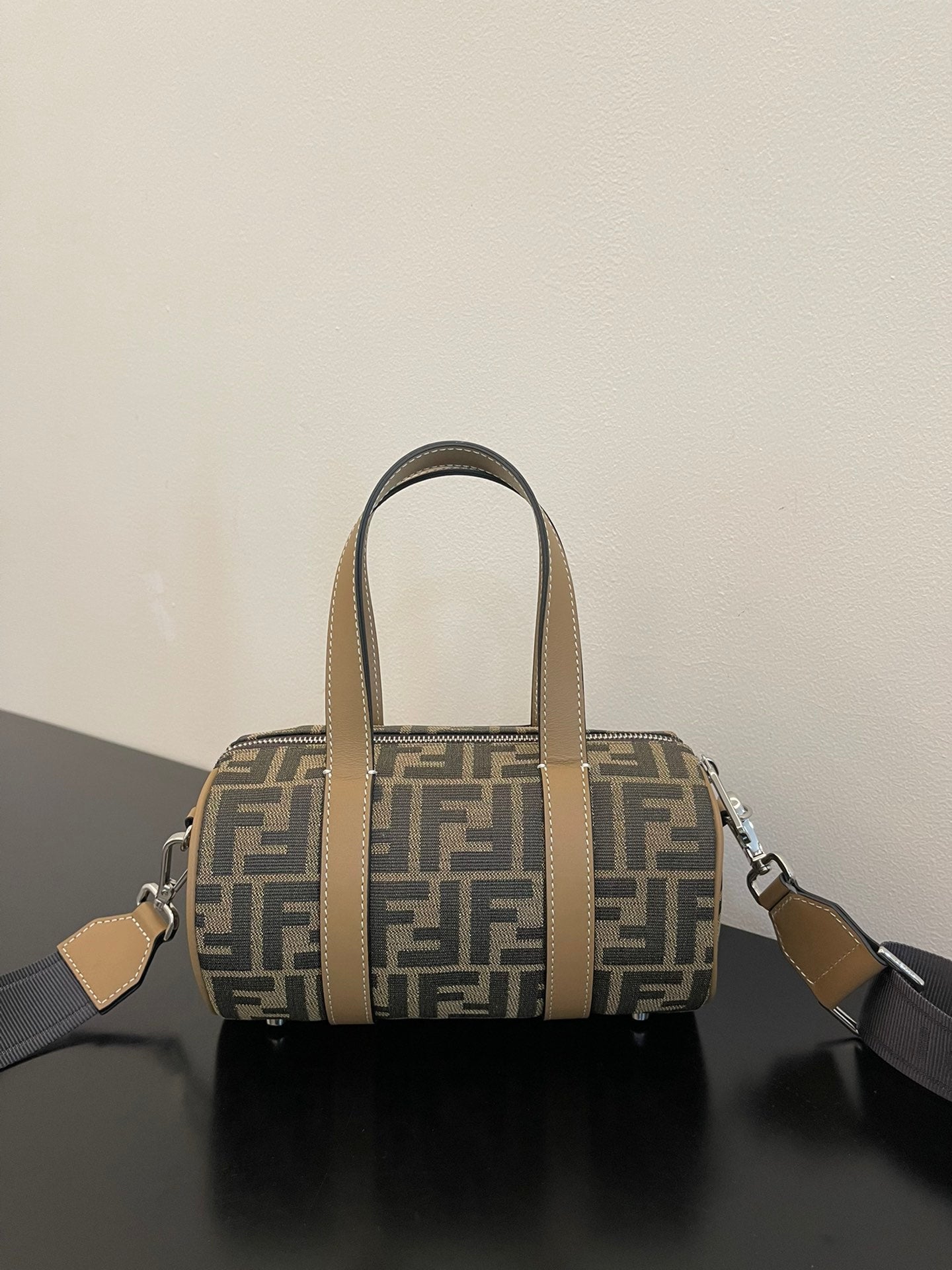Fendi Mini FF Monogram Barrel Bag - Brown/Grey Canvas with Leather Trim