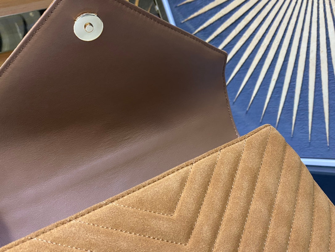 Saint Laurent Medium College Bag in Tan Suede with Gold Hardware