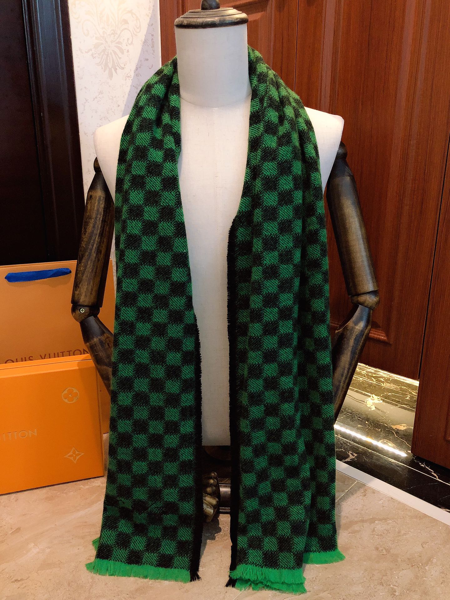Green and Black Checkered Knit Scarf, Unisex Damier Pattern Winter Neck Warmer Accessory