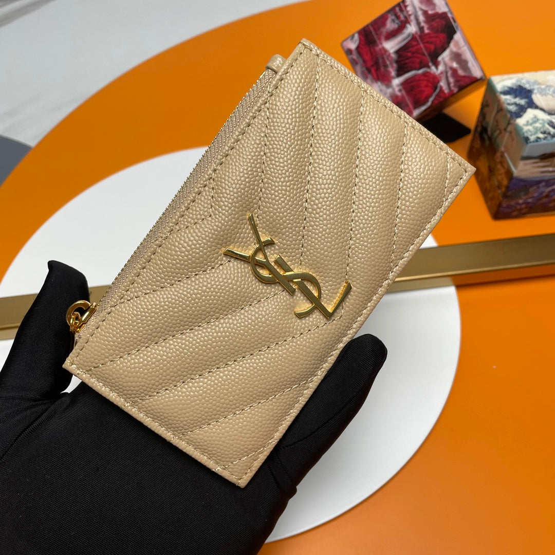 Saint Laurent Monogram Fragments Zipped Card Case in Quilted Leather - Beige