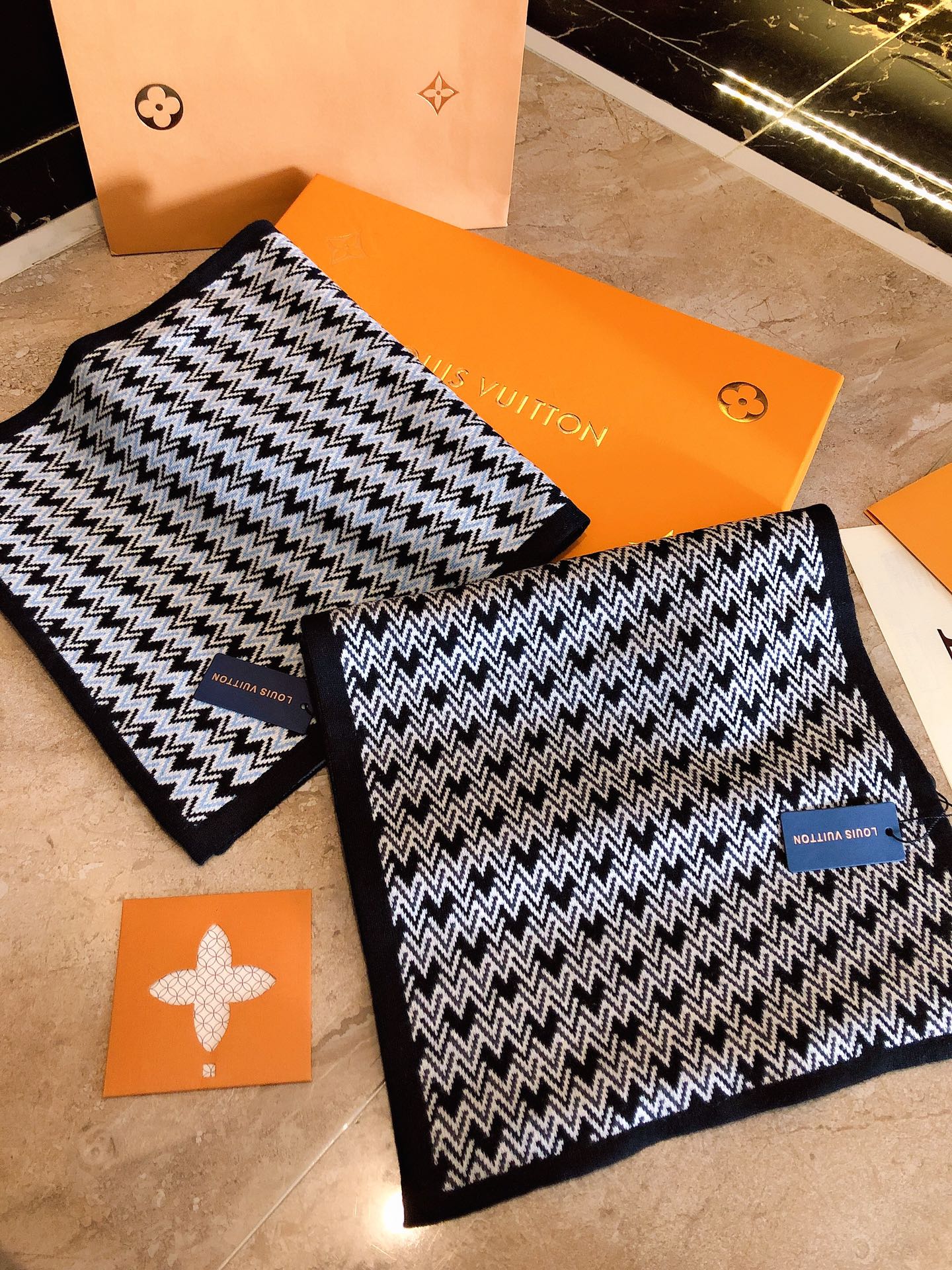Men's Geometric Chevron Knit Scarf - Black, White, and Blue Patterned Luxury Winter Neck Wrap