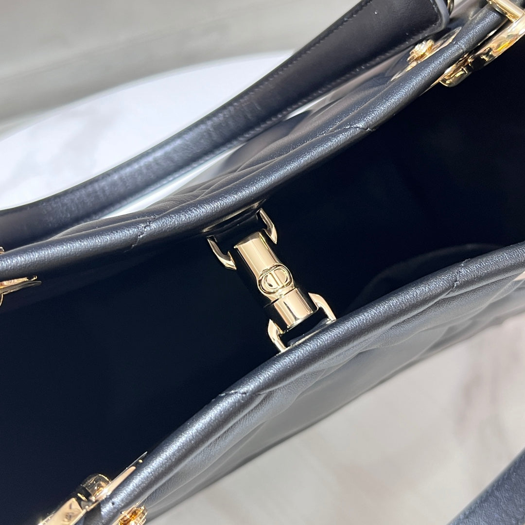 Dior Elegant Black Quilted Leather Tote Handbag with Top Handles