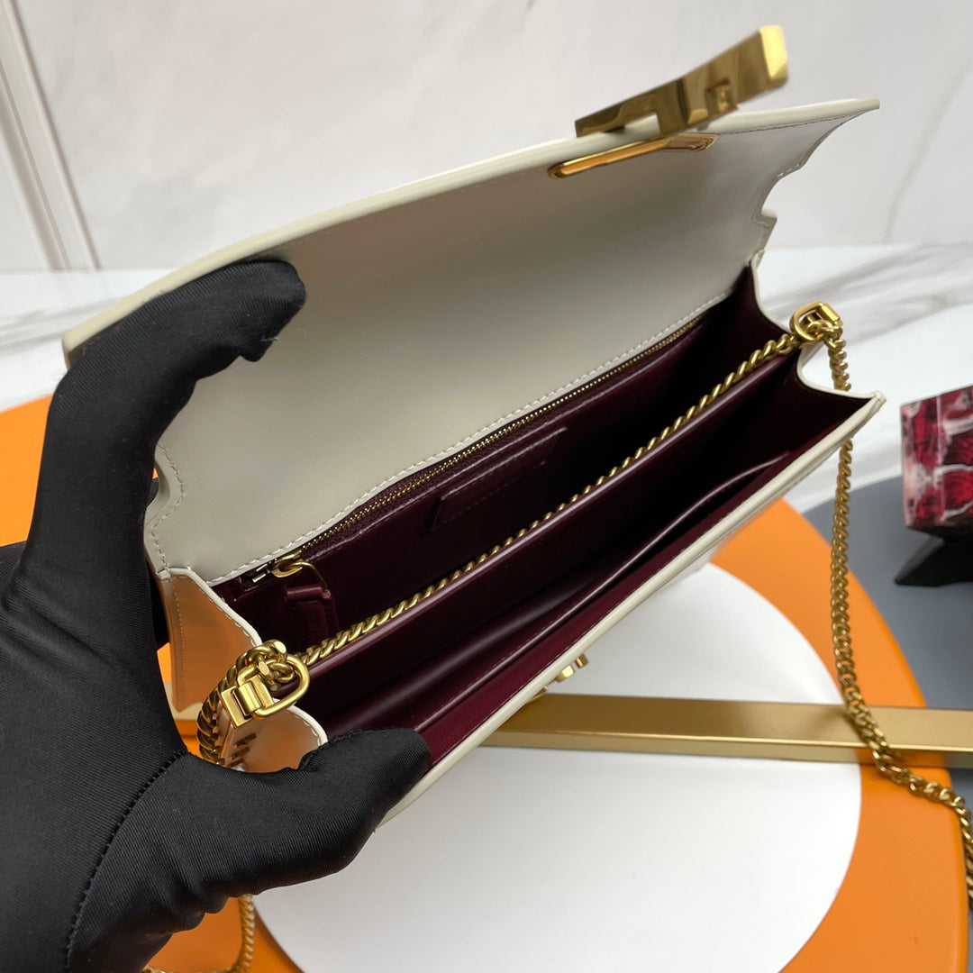 Saint Laurent Cassandra Envelope Chain Bag in Beige Leather with Gold Hardware