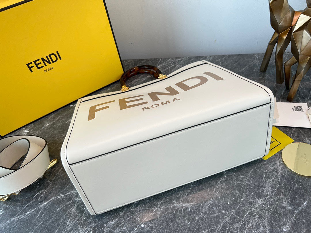 Fendi Sunshine Medium Tote Bag - White Leather with Tortoiseshell Handles