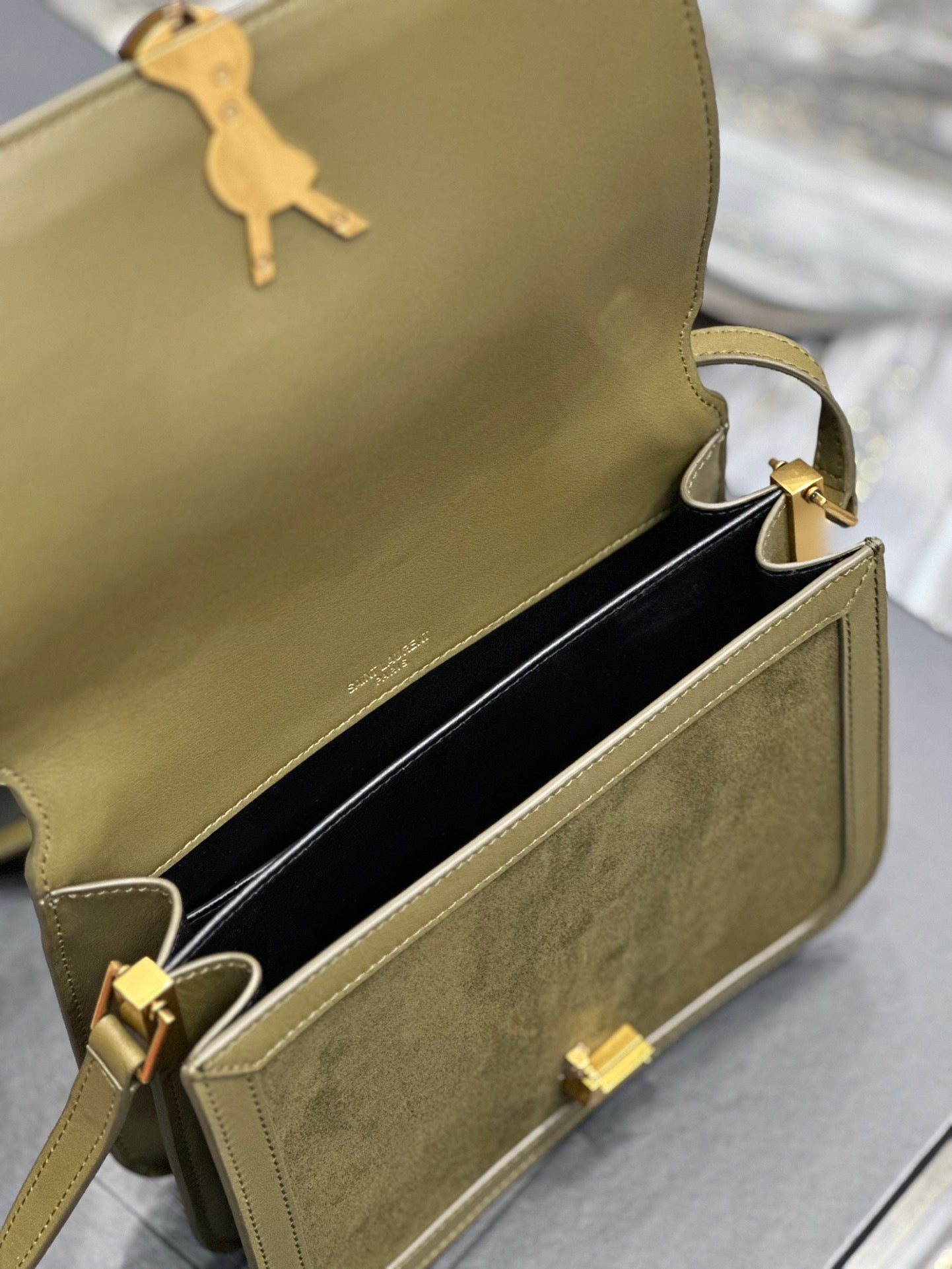Saint Laurent Solferino Small Satchel in Olive Green Suede