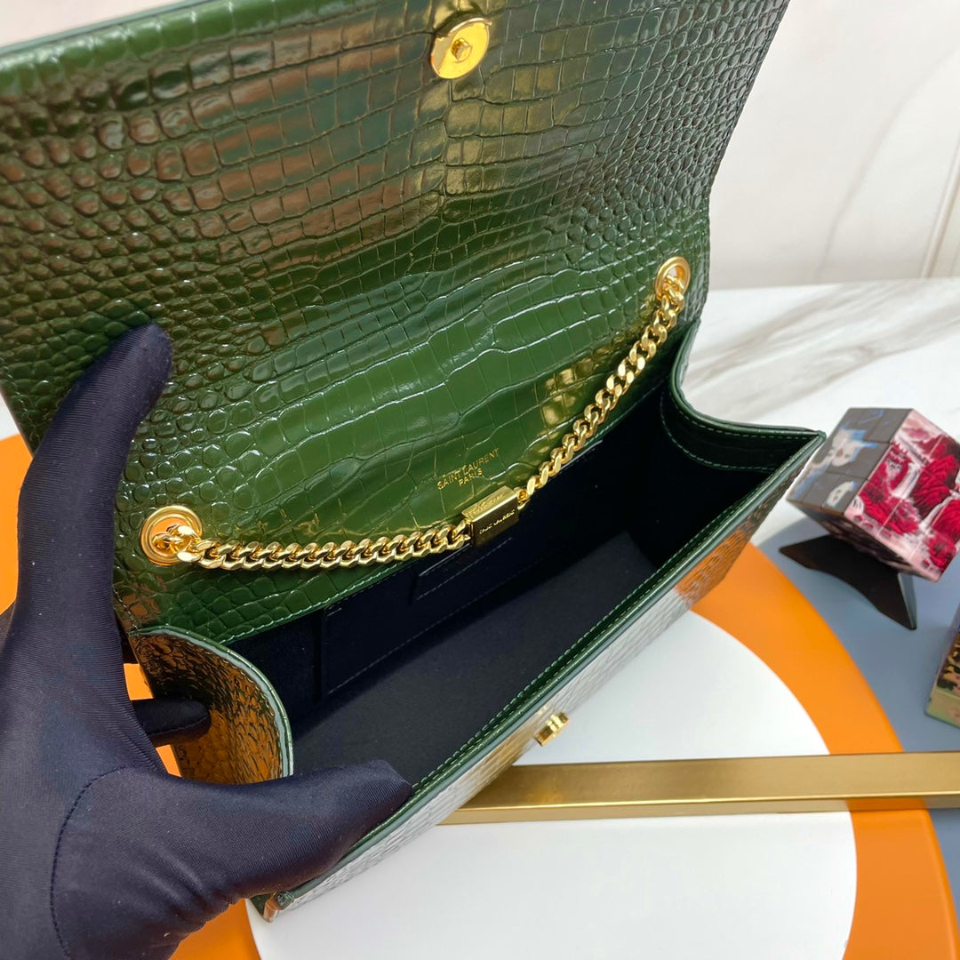 Saint Laurent Kate Tassel Medium Shoulder Bag in Crocodile-Embossed Leather - Green