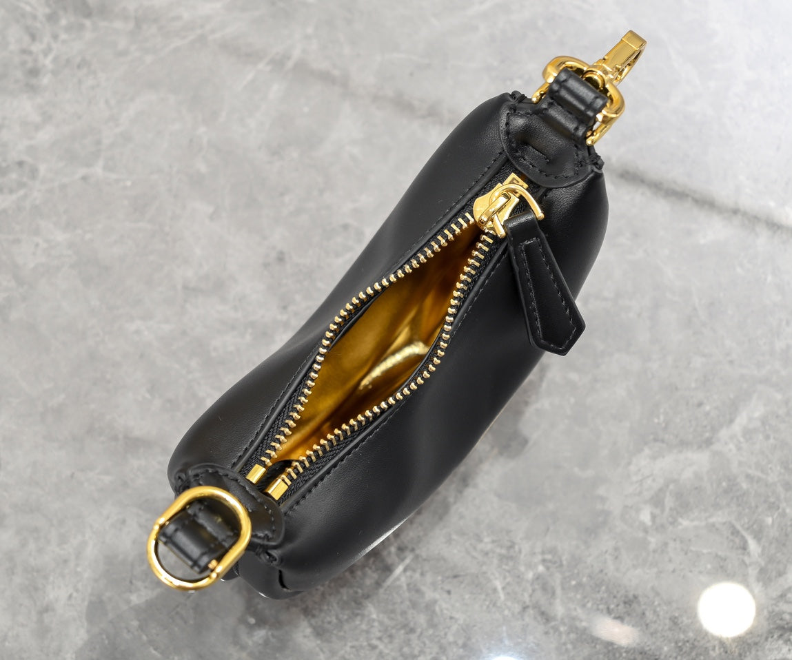 Fendi Fendigraphy Mini Black Leather Crescent Bag with Gold Hardware