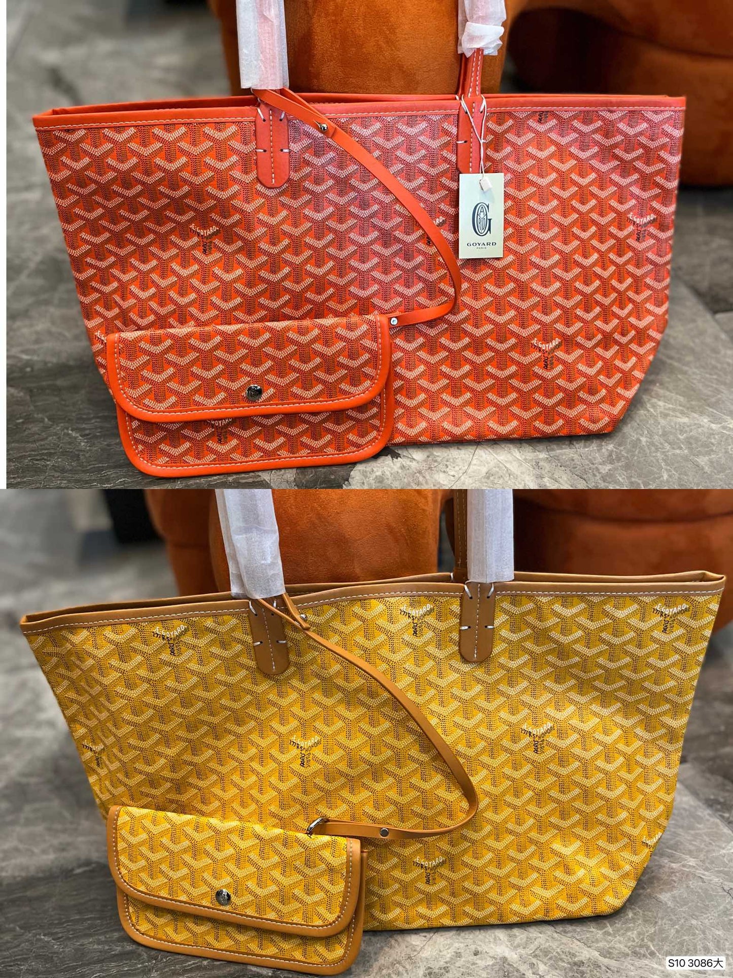 Gogy Classic Chevron Print Tote Bag with Matching Pouch and Leather Trim