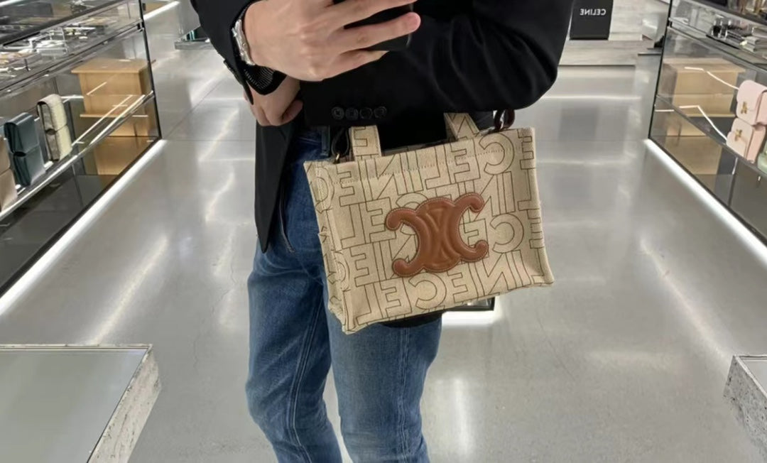 Celine Mini Cabas Triomphe in Textile and Calfskin - Beige/Tan