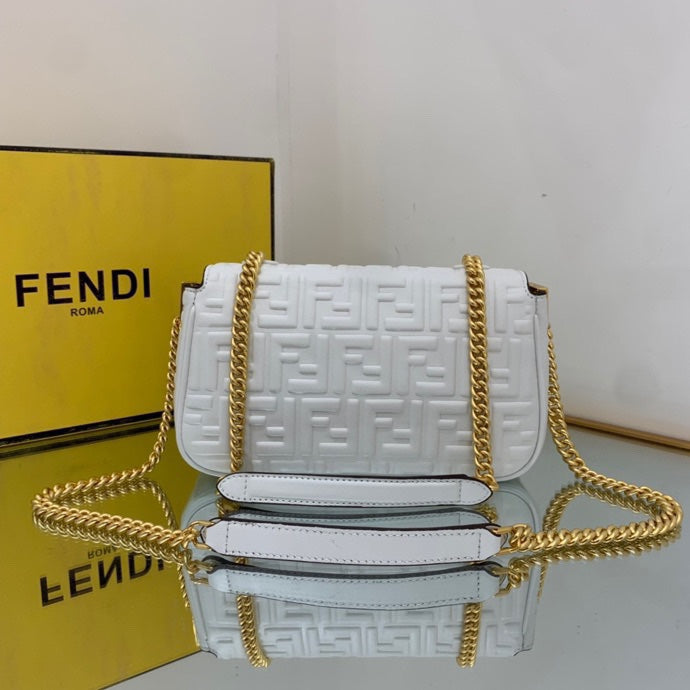 Fendi Baguette White Embossed FF Logo Leather Shoulder Bag with Gold Chain