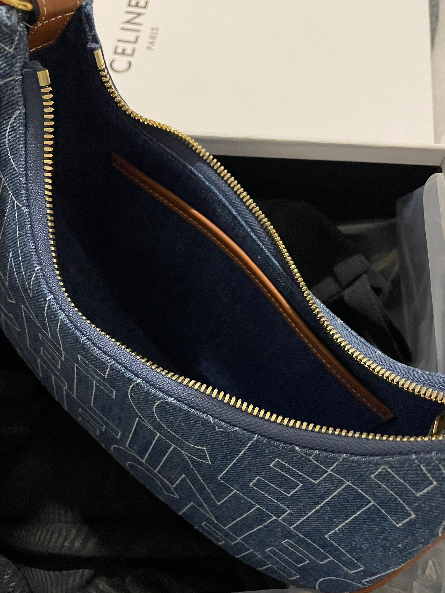 Celine Ava Bag in Denim with All-Over Logo Print - Blue