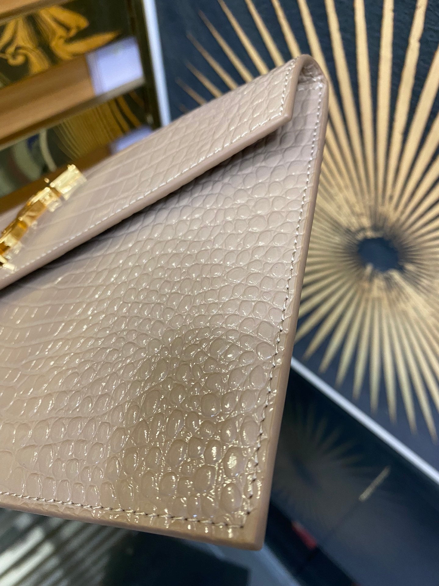 Saint Laurent Uptown Pouch in Shiny Crocodile-Embossed Leather - Beige