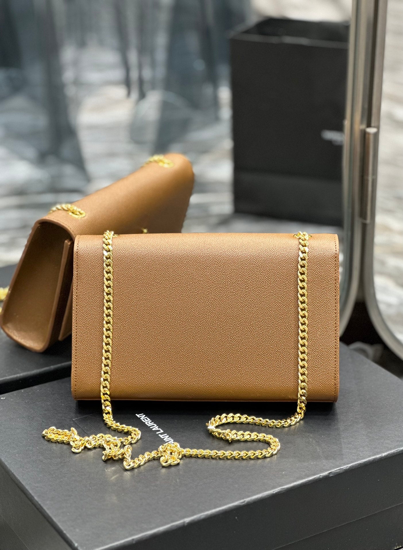 Saint Laurent Monogram Kate Chain Wallet in Tan Grain de Poudre Leather