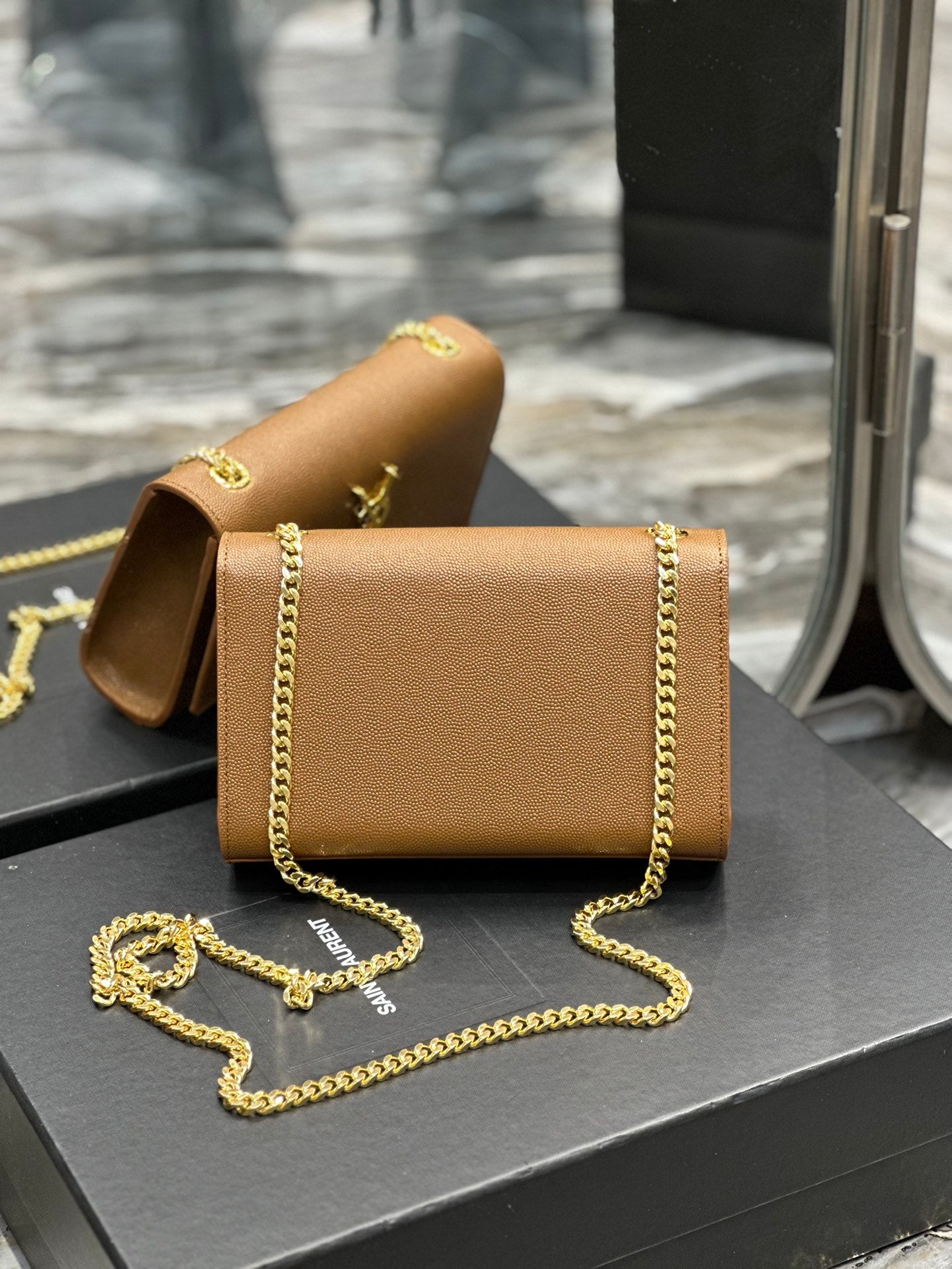 Saint Laurent Cassandra Mini Grained Leather Shoulder Bag in Tan